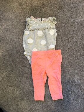 Carter's Gray Polka Dot Ruffle Bodysuit with Coral Leggings